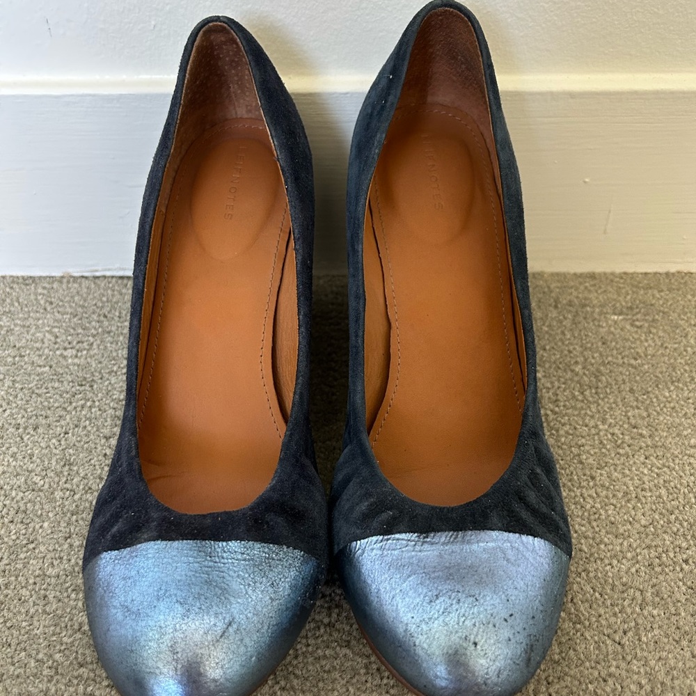 Anthropologie Leifnotes Blue Suede Captoe Wedge Heels, Size 38/ 7.5